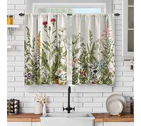 Jekeno Juego de Cortinas de Cocina para Ventanas - Cortinas Cortas de Flores Silvestres rústicas Florales botánicas Vintage casa de Campo Hojas Verdes decoración con Bolsillo para Barra, Tratamiento
