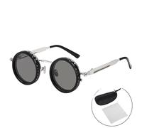 Jelaqmot Adjustable Tint Rounded Polarized Lenses Retro Sunglasses With Nd Filter,Retro Beach Sunglasses For Outdoor Activities (Black Silver)