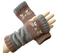 Jelaqmot Women’s Knitted Fingerless Gloves with Cute Cat, Warm Winter Splicing Knit Mittens for Typing, Driving, Daily Wear (B-Khaki,One Size)