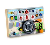 Jellybibo Busy Board Montessori Toy, pequeño juguete de 1 año con rueda de control simulada e interruptores de luz LED, juguete de madera, juguete sensorial para niños con autismo, azul