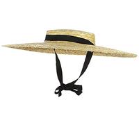 Jelord Sombrero de paja vintage para mujer, ala ancha, parte superior plana, sombrero de paja flexible Derby, sombrero de playa con correa para la barbilla: 12 cm, beige, Beige, M