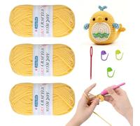 JelyArt Hilo de ganchillo para principiantes, 3 ovillos de 50 g, no divididos, hilo grueso de algodón para ganchillo, hilo de algodón grueso, hilo de punto fácil para tejer (amarillo)