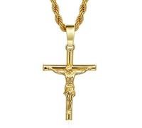 Jemant Collar de cruz de crucifijo para hombres y mujeres, acero inoxidable, chapado en oro de 18 quilates, cadena Figaro de 3 mm, 50,8 cm, collar con colgante de cruz de Jesús, collar con colgante de