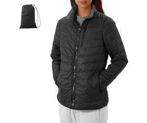 JEMIDI Chaqueta Acolchada Reversible - Chaqueta Ligera Impermeable Mujer - 5 Bolsillos con Cremallera - Con Bolsa de Transporte - Negro/Gris Oscuro