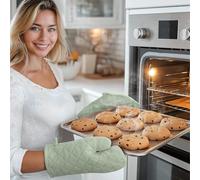 JEMIDI Guantes Horno y Agarradores Cocina - 1x Guantes de Cocina y 2X Agarrador Horno 100% Algodón - Ideal como Guantes Barbacoa y Horno - Guantes para Horno Agarraderas - Menta