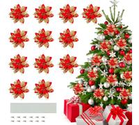 Jemmytu Flores Navidad Artificiales, 12 Pcs Flor de Pascua Artificial Navidad, con Clips y Tallos para Decoración de Coronas de Boda, Decoraciones para árboles de Navidad
