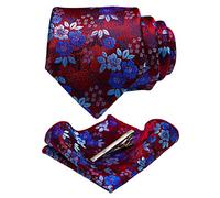 JEMYGINS Conjunto de Corbata con Flores y Pañuelo para Hombre con Pinza para Corbata Disponible Azul/Rojo/Azul Claro
