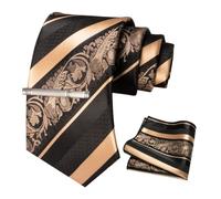 JEMYGINS Conjunto de Corbatas para Hombre con Patrón Mixto de Rosas y Rayas, Incluye Pinza para Corbata y Pañuelo Oro