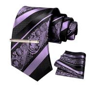 JEMYGINS Conjunto de Corbatas para Hombre con Patrón Mixto de Rosas y Rayas, Incluye Pinza para Corbata y Pañuelo lavanda