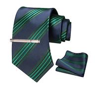 JEMYGINS Corbata a rayas para hombre con bordado que incluye pañuelo y clip de corbata, Azul Marino Rayas Verde Oscuro, M