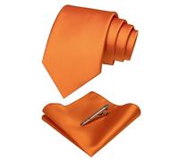 JEMYGINS Corbata de Sarga de Color Sólido para Hombre incluye Pañuelo de Bolsillo y Clip de Corbata Naranja (2)