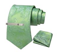 JEMYGINS Juego de corbatas de cachemira para hombre con clip de corbata y pañuelo de bolsillo, Hoja de hinojo verde guisante, Talla única
