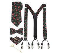 JEMYGINS Tirantes de Navidad para Hombre en 3.5cm Forma Y Ajustables Anchos con 6 Clips Fuertes y Set de Corbata Pajarita Pañuelo de Bolsillo en Caja de Regalo Negro-verde