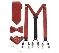 JEMYGINS Tirantes de Navidad para Hombre en 3.5cm Forma Y Ajustables Anchos con 6 Clips Fuertes y Set de Corbata Pajarita Pañuelo de Bolsillo en Caja de Regalo Rojo árbol