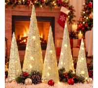 Jenaai 5 árboles de cono de Navidad con luz LED, decoración de árbol de | Adorno de mesa con purpurina dorada que funciona con pilas, decoración de mesa de Navidad para interiores, hogar, dormitorio