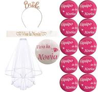 jenich 14 Pcs Set Despedida de Soltera Decoración Accessorios Despedida de Soltera Banda Viva la Novia Insignia Novia Broche Equipo de la Novia Velo Nupcial Diadema Tiara Bride to Be Adorno Hen Night