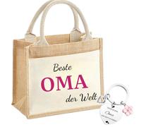 jenich Oma Geschenk Oma Jutetasche mit Schlüsselanhänger Oma Einkaufstasche Tragetasche Oma Shopper Bag Beste Oma der Welt Geschenk für Oma zum Geburtstag, Muttertag, Weihnachten