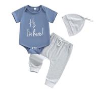 JENJON Conjunto Bebé Recién Nacido Niño con Estampado de Letras I'm New Here Camiseta de Manga Cort Pantalón y Gorro 3 Piezas Verano Ropa 3Pcs Azul Hi iam here 6-12 Meses