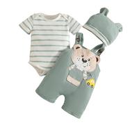 JENJON Conjunto de 3 Piezas para Bebés Niño de Verano Tops de Dibujos Animados + Babero con Pantalones a Bretelles de Oso y Cachorro Ropa de Primavera Traje 3Pcs león de rayas verdes 12-18 Meses