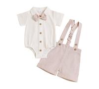 JENJON Conjunto de My First Cumpleaños Bebé Niño Manga Corta con Pajarita Top+ Rayas Peto Corto Liso 2Pcs Conjuntos Ropa para Verano Cake Smash Trajes Rayas caqui 0-3 Meses