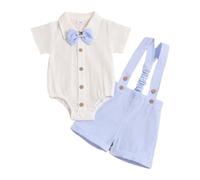 JENJON Conjunto de My First Cumpleaños Bebé Niño Manga Corta con Pajarita Top+ Rayas Peto Corto Liso 2Pcs Conjuntos Ropa para Verano Cake Smash Trajes Rayas azul claro 0-3 Meses
