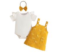 JENJON Conjunto Falda con Tirantes para Niña Recién Nacida camisetas de manga corta con cuello redondo liso y bordado lazo/flores 2 Piezas verano Ropa Lazo amarillo 18-24 Meses