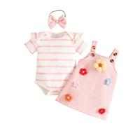 JENJON Conjunto Falda con Tirantes para Niña Recién Nacida camisetas de manga corta con cuello redondo liso y bordado lazo/flores 2 Piezas verano Ropa Flores rayas rosas 12-18 Meses