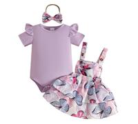 JENJON Conjunto Faldas de Verano para Niña Recién Nacida Manga Corta Top Con Estampado Bonito + Mariposa/Corazón/Fresa Vestido Con Tirantes 3Pcs Ropa Trajes Mariposa púrpura 0-3 Meses