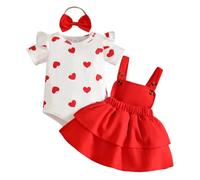 JENJON Conjunto Faldas de Verano para Niña Recién Nacida Manga Corta Top Con Estampado Bonito + Mariposa/Corazón/Fresa Vestido Con Tirantes 3Pcs Ropa Trajes Estampado amor rojo 0-3 Meses
