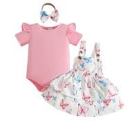 JENJON Conjunto Faldas de Verano para Niña Recién Nacida Manga Corta Top Con Estampado Bonito + Mariposa/Corazón/Fresa Vestido Con Tirantes 3Pcs Ropa Trajes Mariposa rosa 6-12 Meses
