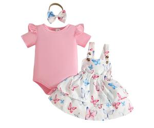 JENJON Conjunto Faldas de Verano para Niña Recién Nacida Manga Corta Top Con Estampado Bonito + Mariposa/Corazón/Fresa Vestido Con Tirantes 3Pcs Ropa Trajes Mariposa rosa 6-12 Meses