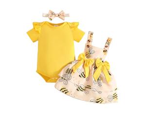 JENJON Conjunto Ropa Bebé Niña Manga Corta Con Volantes Con Estampado Corazones Top + Falda Vestido Con Tirantes 3 Piezas Trajes de Verano San Valentín Abeja amarilla 3-6 Meses