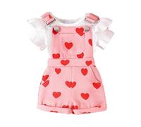 JENJON Conjunto Ropa para Bebé Niña Manga Corta Top Con Volantes + Pantalones Cortos a Bretelles Y Bolsillo 2 Piezas Verano Lindo Conjunto a Bretelles Traje Corazón rosa 18-24 Meses
