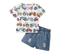 JENJON Conjunto Verano para Bebé Niño Pequeño Manga Corta Bordado de Elefante a Rayas Camiseta y Pantalones Cortos de Mezclilla 2 Piezas Primavera Ropa de Trajes blanco tractor 2-3 Años