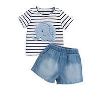JENJON Conjunto Verano para Bebé Niño Pequeño Manga Corta Bordado de Elefante a Rayas Camiseta y Pantalones Cortos de Mezclilla 2 Piezas Primavera Ropa de Trajes rayado elefante 18-24 Meses