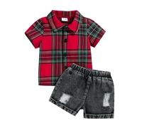 JENJON Conjunto Verano para Bebé Niño Pequeño Manga Corta Bordado de Elefante a Rayas Camiseta y Pantalones Cortos de Mezclilla 2 Piezas Primavera Ropa de Trajes Rayas rojas 6-12 Meses