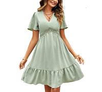 JENJON Mujer Vestidos de Verano Cuelle en V Elegante Manga Corta Cintura Alta Puntos Volantes Mini Vestido A-Verde L
