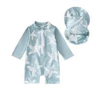 JENJON Traje de Baño de Una Pieza para Niños Manga Larga con Estampado Protección UV, Protector contra Erupciones Cutáneas y Gorro 2 Piezas Conjunto Estrella de mar Verde 18-24 Meses