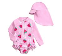 JENJON Trajes de Baño de Una Pieza para Bebé Niñas Manga Larga con Cremallera Bonito Volantes Estampado Bañadores y Gorro Infantil Traje de Baño Verano Playa Fresa Rosa 18-24 Meses