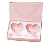 Jenngaoo Cuenco con Forma de Corazón de Amor de Fresa, Cuenco con Forma de Corazón, Ensaladera de Fresa, Cuenco de Postre de Cerámica con Cuchara para Cereales, Pasta y Aperitivos(#B)