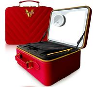 JENNI V Bolsa de maquillaje de piel sintética de lujo con espejo iluminado, 3 ajustes de brillo, divisores ajustables, reemplaza tu voluminoso tocador mientras estás en movimiento, elegante estuche de