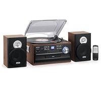 Jensen 3-Speed Turntable Music System Limited Edition JTA475W LCD Display with Front Loading CD Player , AM/FM Stereo Radio, Cassette Player ,Aux input, Headphone Jack & Wooden Speakers