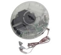 Jensen CD-60RT - Reproductor de CD portátil retro transparente, radio FM, 60 segundos antisalto, aumento de graves, auriculares incluidos