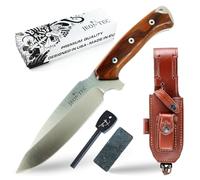 JEO-TEC Nº15 Cuchillo supervivencia caza monte bushcraft camping outdoor campo - Cuchillo de hoja fija de 14 cm -Funda de piel con pedernal y piedra afilar incluidos - Fabricado en España