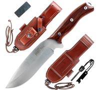 JEO-TEC Nº9 Cuchillo de hoja fija para supervivencia caza monte bushcraft camping outdoor campo - Funda de piel con pedernal y piedra afilar - Acero MOVA-58 - Fabricado en España