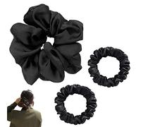 JeoPoom Coletero de Seda para Pelo[3 Pcs], 2 Small Gomas para Pelo y 1 Large Elástico Gomas de Pelo, para Mujeres Niñas Accesorios, Scrunchies para Moños Trenzas (Negro)