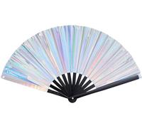 jerbro Abanico holográfico Rave, ventilador plegable chino, ventilador iridiscente para festivales, decoración, club de cáñamo, evento, fiesta, baile, rendimiento, accesorios de ropa (plata)