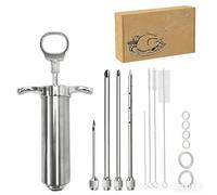Jeringa de Cocina de Acero Inoxidable, Inyector de Marinada Profesional con 4 Agujas para Carne, 60ml para Pavo, Asados, BBQ y Repostería,Mechador de Carne con Cepillos de Limpieza Incluidos