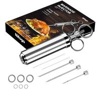 Jeringa Salsa BBQ, Inyector De Sabor, Inyector De Carne, Aguja para Especias, Aguja para Condimentos, 60ml, 3 agujas, 2 Cepillos De Limpieza y 4 O-Anillo De Silicona (Plata)