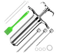 Jeringuilla Cocina da Acero,Jeringa de Cocina Inox Con 3 Agujas,Jeringuillas,Agujas Embuchar, Mechador De Carne,de Acero Inoxidable Para Pavo De Res BBQ 60 Ml 2 Oz Con 3 Cepillos (Plata)1